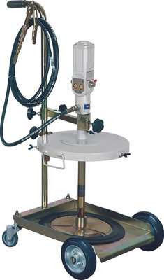 Equipement d'atelier - Graissage - ENSEMBLE POMPE PNEUMATIQUE POUR GRAISSE 50/60 KG TUYAU 10M AVEC CHARIOT